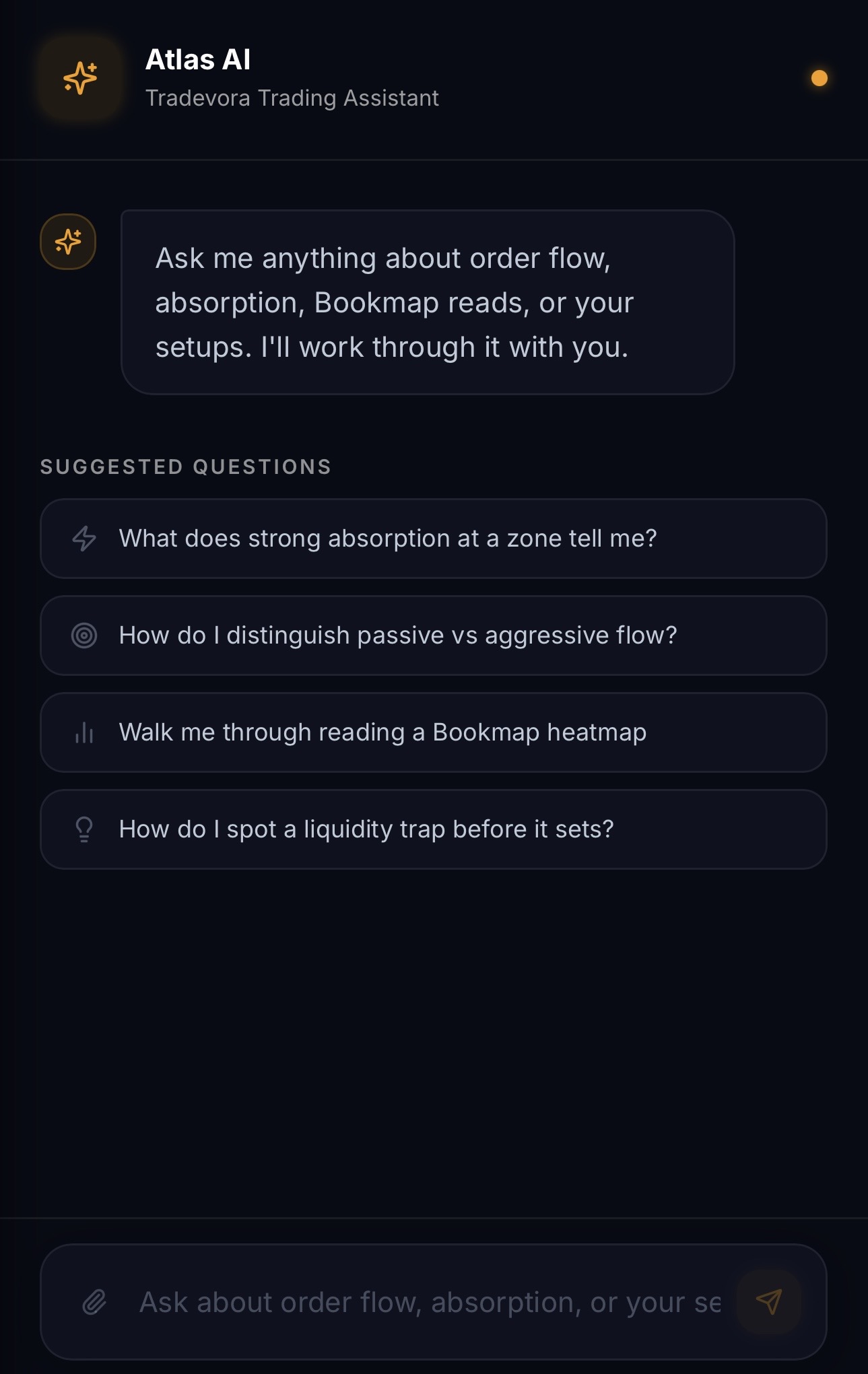 Atlas AI — Tradevora's built-in trading assistant showing suggested questions about order flow, absorption, and Bookmap concepts